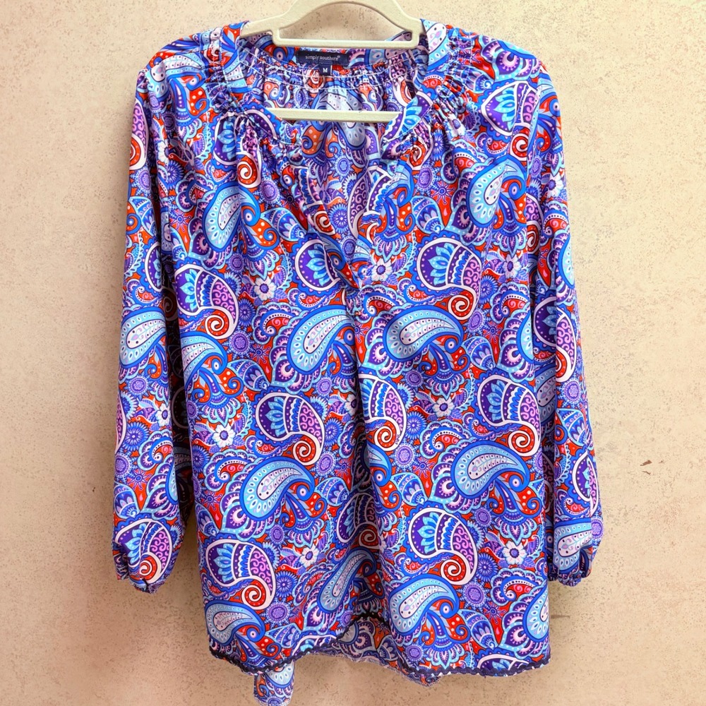 Simply Southern M Womens Colorful Paisley Vibrant Coastal Career Light Blouse